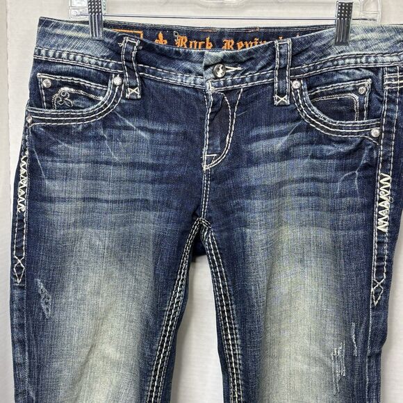 WOMENS Rock Revival LYNKAI Crystal Rhinestone Stitched Easy Crop Jeans 32 Y2K - Picture 2 of 16